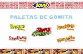 FT Paletas Gomita ES19 - Jovy CandyINGREDIENTES NUTRIMENTALES Azúcar, jarabe de maíz, almidón modificado de maíz, ácido láctico, sorbitol, sal, chile, ácido ... Fibra Dietética