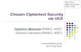 Chosen Ciphertext Security via UCE · Universal Computational Extractor (UCE) [Bellare et al. @CRYPTO’13] ＝Standard model security notion for a family of (hash) functions that