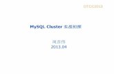 MySQL Cluster 实战初探 周彦伟topic.it168.com/factory/DTCC2013/doc/a14.pdf•MySQL client DTCC2013 MySQL Cluster •Node Group •Partition •Replicas DTCC2013 HA DTCC2013 部署容易？
