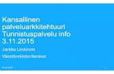 Kansallinen palveluarkkitehtuuri Tunnistuspalvelu info...3.11.2015 Jarkko Leskinen Väestörekisterikeskus 10.11.2015 1 Tarjoamme julkishallinnolle mahdollisuuden Suomen ja EU-kansalaisen