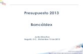 Presupuesto 2013 Bancóldex · 2020. 2. 25. · Presupuesto 2013 1. Bases para la elaboración del presupuesto 2013 • Proyecciones de entorno 2013 2. Resultados presupuestales 2013